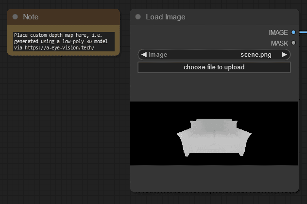 Depicts part of the aforementioned ComfyUI workflow - shows where base depth map image is uploaded.