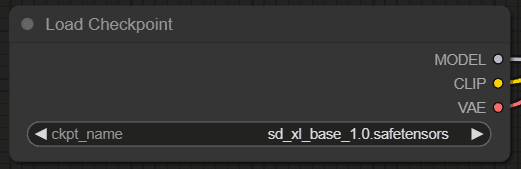 Depicts part of the aforementioned ComfyUI workflow - shows where SDXL checkpoint is loaded.