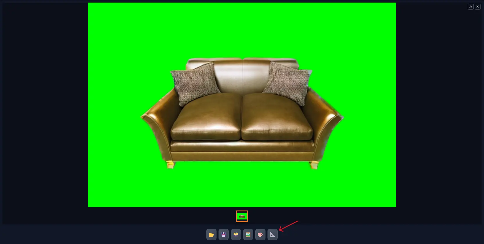 An image showing the new generated image, still with green screen background, but with a filled-in sofa. Showing where to click to transfer image to extras tab.