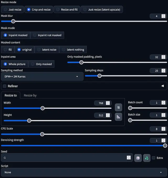 An image showing the settings/parameters used to generate the realistic sofa with a green screen background.