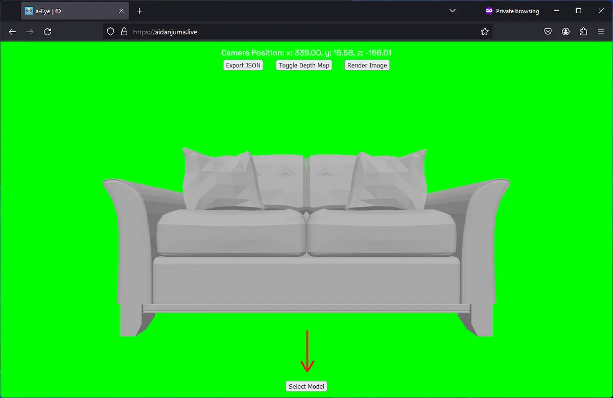 An image of my browser 3D rendering tool with an arrow pointing to where a user can upload a file.